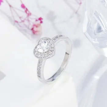 QooLady нова мода любов форма на сърце кубичен Циркон Кристал сладък годежен пръстен за жени Дами Свети Валентин подарък бижута F045