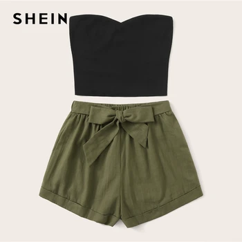 SHEIN Solid Tube Top And Belted Shorts Set 2019 Случайни годишен без презрамки и без ръкави bandow директен женски комплект от две части