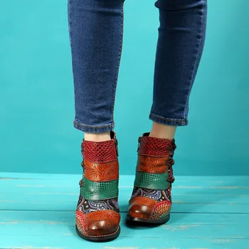 Socofy Vintage Splicing Printed Ботильоны За Жени, Дамски Обувки Естествена Кожа Ретро Блок Високи Токчета За Дамски Ботуши 2020