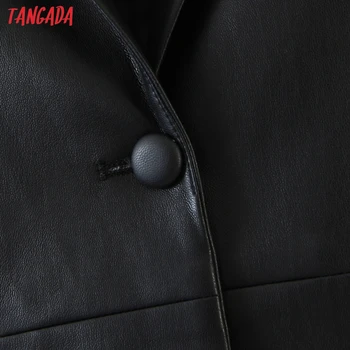 Tangada Women Black Faux Leather Blazer Coat Vintage назъбена яка с дълъг ръкав 2020 Fashion Female Chic Върховете 8H35