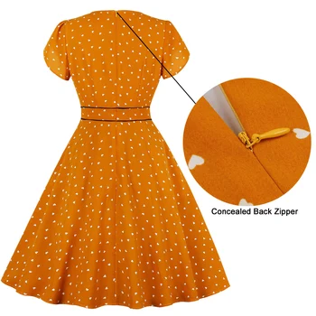 Tonval Orange High Waist Little Сърце Print Summer Dress Дамски Дрехи V Образно Деколте И Джоб Отстрани Офис Дамски Рокли