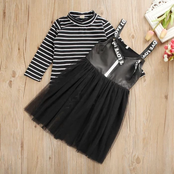 US Cool Girl Dress Baby Girl Clothes раирана тениска+прашка тюл обличам украшение есен облекло комплект от 2 елемента 2-7Т
