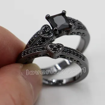 Victoria Wieck Принцеса cut black AAA CZ имитация на камъни 10KT черното злато е изпълнен сватбена диамантен годежен пръстен набор от Sz 5-11 подарък