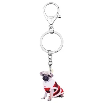 WEVENI акрилни коледен костюм Мопс куче ключодържател животно ключодържател кола в чантата си чанта, ключодържател бижута за жени момиче Мъжки Чар подарък