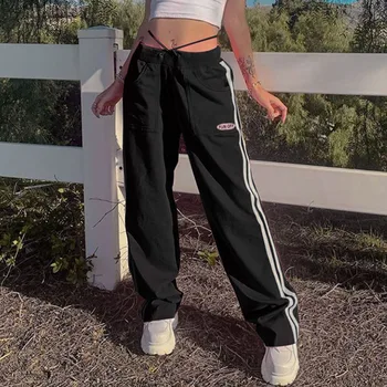Y2K естетика розово средата на талията и дълги панталони E-girl градинска шарени превръзка джобове свободни панталони хип-хоп облекла на 90-те