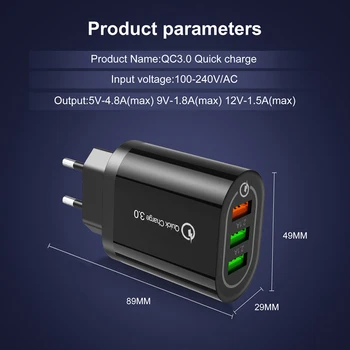 Бързо зареждане на 3.0 3-портов USB 3a Max Smart Бързо зарядно устройство за пътуване зарядно устройство адаптер за iPhone, Samsung, Huawei, Xiaomi QC3. 0 такса