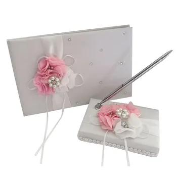 Бял сатен, цвете сватбена книга за Гости подпис писалка, определени със сладка панделка, мъниста вечерни аксесоари подпис писалка, определени LXY9