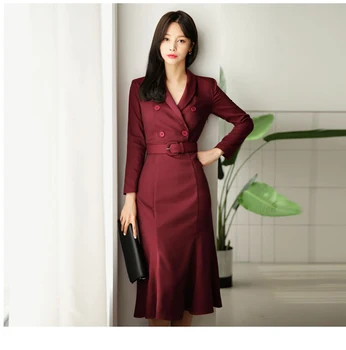 Високо качество 2020 есен жените офис OL официално дълъг ръкав двубортный Bodycon тънък работен рокля