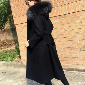 Вълнени смеси жени с качулка с кожа топла превръзка, за Slim-fit регулируема талия дебели нови студенти женски корейски стил вълнени