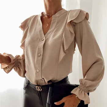 Дамска риза с дълъг ръкав V-образно деколте Lotus ръкави бутон разрез, шифоновая риза, дамски микро прозрачен топ офис Дама носи