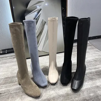 Дамски ботуши коляното ботуши участък стадо квадратни токчета на обувки есен зима Дамски обувки черен квадратен чорап мода нов 2020