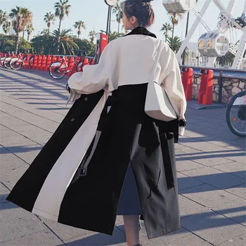 Дамски ветровка палто пролет есен корейски свободни цвят съвпадение яке ветровка двубортный отличителни дълги палта Y566