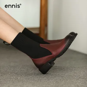 Енис ботильоны от естествена кожа ретро ботуши на нисък ток женски възли участък ботуши през цялата чорап бордовая обувки есен зима A0127
