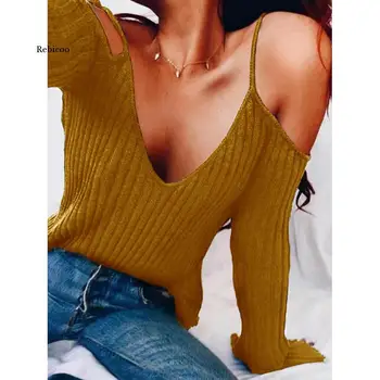 Есен жените секси с рамо възли върховете V-образно деколте колани женски тънък пуловер с дълги ръкави чист цвят нисък силует на ежедневните пуловери
