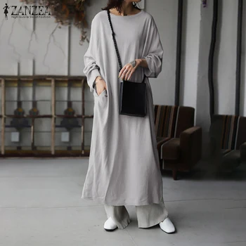 Жена сарафан винтажное однотонное памучни ленено рокля ZANZEA ежедневното с дълъг ръкав Сплит подгъва Maxi Vestido Robe Femme рокли провиснал 5XL