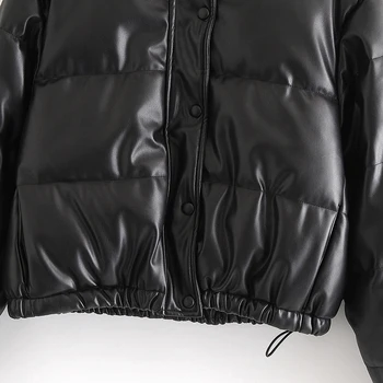 Зима дебели топли къса паркове дамска мода черно ПУ кожени палта дамски елегантен цип памук Дамски якета дамски блузи 2021