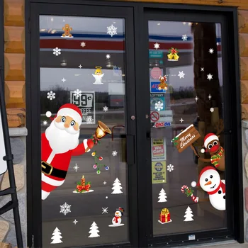Карикатура коледни стикери за витрини прозорци подвижна Дядо Коледа, Снежен човек стикер лепило за PVC, Нова година стъклена рисувани аксесоари за дома