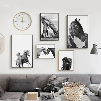 Картина с коне, животни платно плакати черно-бял модерен домашен интериор на стаята живопис за интериора на дома, дизайн без рамки