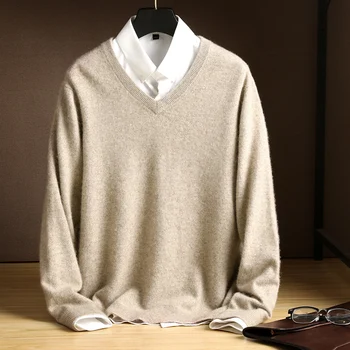 Кашмир Sweaters Мъже V-Образно Деколте Smart Casual All-Match Пуловери 2020 Камвольный Кашмир Вязаный Плътен Цвят Топъл Пуловер