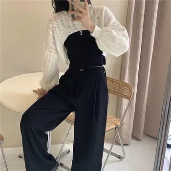 Комплекти за жени с по-къс дълъг ръкав плетене выдалбливают пуловери прости твърди танкове секси модни All-match новост корейски стил нова