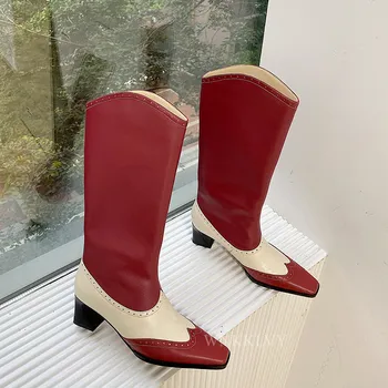 Копита токчета коляното ботуши на жената квадратен чорап смесени цветни ретро дълги ботуши западните каубойски боти писта есенна обувки Дамски 2020