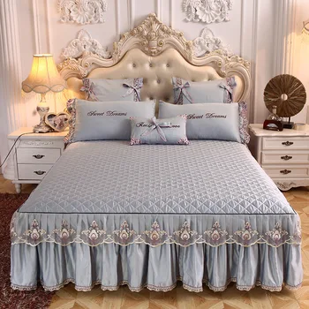 Корейското дантела Tencel King кувертюри за легла ватиран памук пълен Queen Bed Cover къдри Bedskirt приталенная чаршаф калъфка 3шт