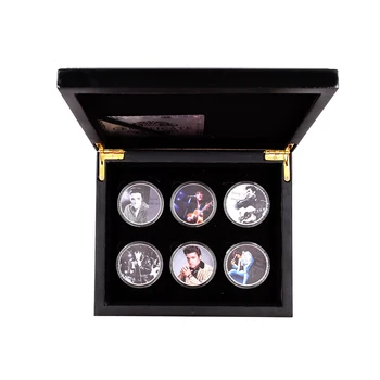 Кралят на поп-музиката на Елвис Пресли 999.9 сребърно покритие монета начало декоративна метална монета 6шт с дървена кутия