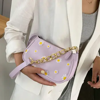 Красиво цвете маргаритки дамски чанти мода изкуствена кожа жени франзела под мишниците чанта лилаво женски верига малък портфейл чанти за рамо