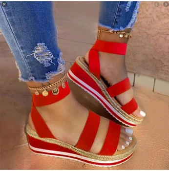 Летни сандали дамски клинове платформа за дами конопляная дамски обувки бонбони цвят на случайни момичета приплъзване на колан на кръста на момичето плюс размер 2020