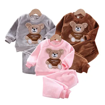 Модни Детски дрехи зима фланела детски топъл костюм ежедневни облекла за новородени момичета карикатура пуловер + панталони 2 бр. момчета пижама комплект