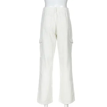 Модни джобни бели дамски дънки градинска дрехи, Дънки с висока талия реколта директни Harajuku 2020 дънкови панталони панталони-cargo