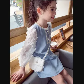 Момичета памук с дълъг ръкав мозайка обличам децата цветя принцеса рокля детски дрешки ежедневното рокля детски дрехи 3-14Y WS1591
