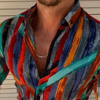 Мъжка Мода Bohemia Хавайски раирана тениска есен ежедневно с дълъг ръкав плажно парти тънки блузи блуза M-3XL