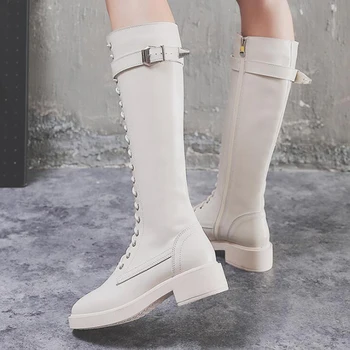 Нови дамски ботуши над коляното от естествена кожа, дантела пикантни високи токчета Есенен Дамски обувки зимни дамски ботуши размер 34-43 dd495