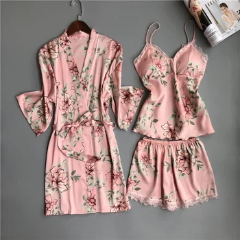 Нощни ризи, Дамски пижами сатен пижами пижами Коприна домашно облекло Завързана домашен халат отличителни накладки Sleep Lounge пижами розово бяла 3 броя