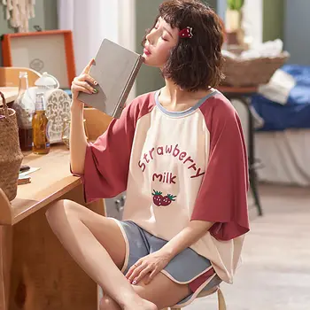 Пижамные комплекти за жени 2XL лято мек Kawai печат врата сладко момиче пижама с къс ръкав прост корейски модерен Mujer домашно облекло