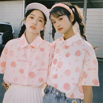 Праскова принт сладка мила женска риза морската стила на Япония студент розови шифоновые ризи с къс ръкав дамски потници за тънка риза 2020 гореща