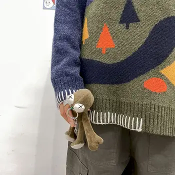През цялата деколте пуловери Мъжки и дамски есенни и зимни корейски пуловери Свободни Пуловери страхотен контраст мързеливи плетачни пуловери