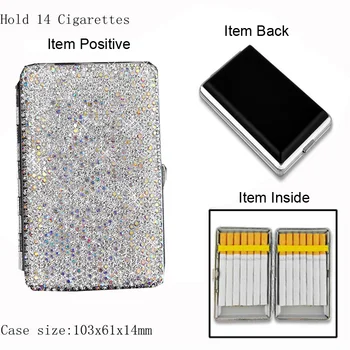 Преносим жени Diamond портсигар запалка Crystal тънък притежателя на цигари, Кутия за 14 броя цигари, USB зареждане на запалки
