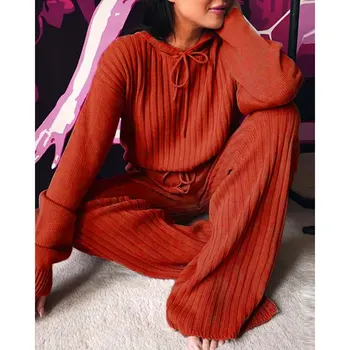 Свободно време геометрия плетене на две части висока яка чрез шнурове тънък уютен покрой женски костюм домашен закрит топлинна костюм есен 2021