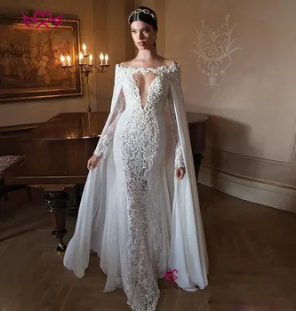 Секси Dubai Mermaid Wedding Dresses With Cape 2019 Long sleeve Illusion Back бродерия, дантела Берта сватбени рокли