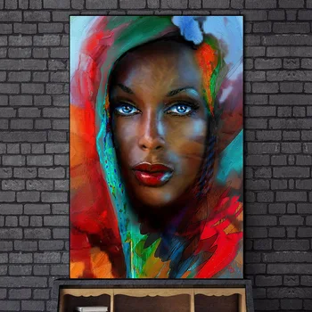 Сини очи абстрактна африканска жена платно изкуство, картини на стената на художествени плакати и щампи черна жена художествени картини начало декор