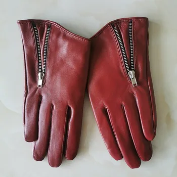 Чиста овча кожа естествена кожа, дамски ръкавици кратък стил червено с цип европейската версия на френска елегантност дамски ръкавици TB84