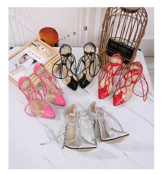 16 см токчета за жени кръст-чрез шнурове лачена кожа Дама обувки римски стил шоу Модел Дамски обувки размер 44 мода Шило PVC