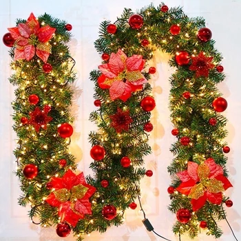 2.7 m Коледа е довело ратан с лъкове венец декоративни зелени коледни гирлянди от изкуствени коледни елхи ратан банер украса