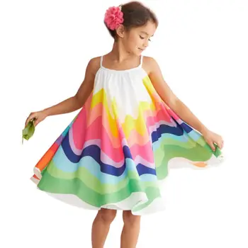 2019 Дете Цветна Рокля Kid Baby Girl Летни Дрехи Без Ръкави Рокля Rainbow Party Children Holdiay Beach Sunress