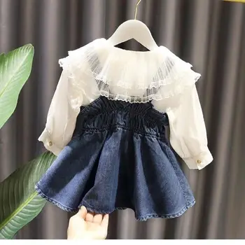 2020 Baby Girl Fashion Clothing Set Сладко Bow Denim strap dress + тениска момичета Дрехи Sets Children Birthday Party Носете