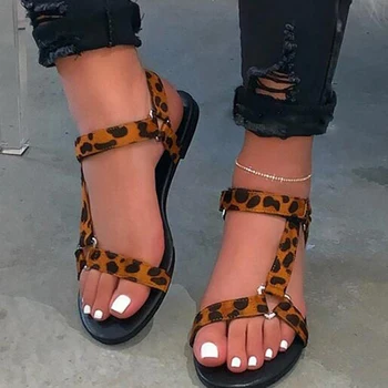 2020 Дамски Обувки Леопард Каишка На Глезена Сандали Дишаща Летни Токчета На Обувките На Жената Отворени Пръсти Обувки Плажа Дамски Сандали Плюс Размер