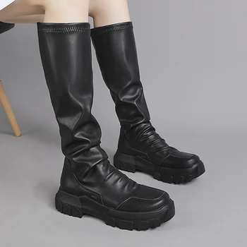 2020 мода ретро голям чорап буци платформа зимата на топло дълги ботуши жени коляното ботуши жена черен изкуствена кожа приплъзване на обувки