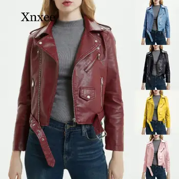 2020 Нова мода жените Есен Зима черен син на фалшиви изкуствени кожени якета Дама ПУ джоб с цип мотоциклет връхни дрехи, палто колан